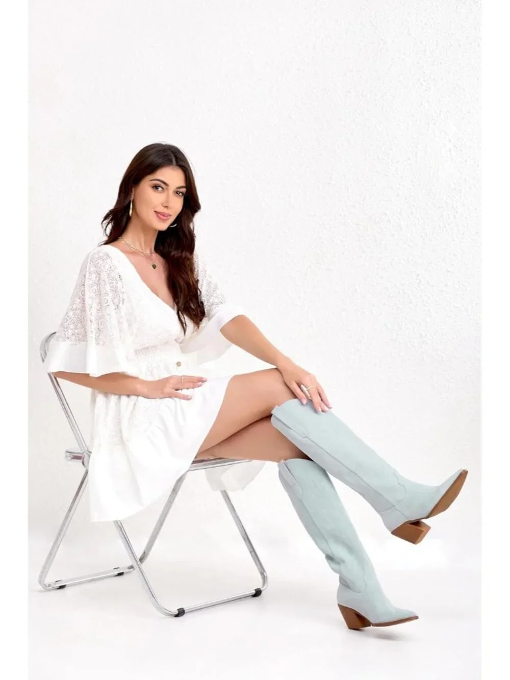 Women's Light Blue Pointed Toe Faux Leather Block Heel Heel Over The Knee Boots